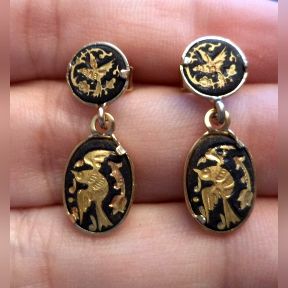 STUNNING VINTAGE ESTATE SPANISH DAMASCENE BIRD & FLOWER 7/8" POST EARRINGS